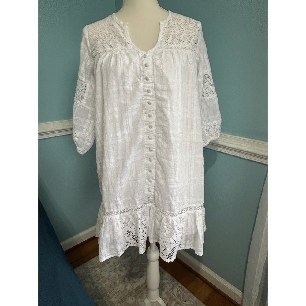 Shyanne White Lace Cotton Western Boho Mini Dress XS Button Front 3/4 Sleeve